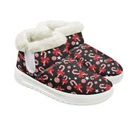 Jeiento Christmas Red Candy Cane Snow Boots for Women Men Warm Flanel Lined Winter Booties Comfort Walking Shoes Adult Hiking Ankle Booties for Outdoor Indoor,UK 2