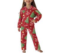 Jeiento Christmas Tree Pyjamas Set of 2,Little Girl Long Sleeve Sleepwear Suit Comfort Lightweight Pajamas Pjs Button Down Pjs and Pants Xmas Outfits,M