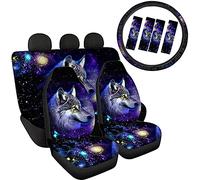 Jeiento Classic Front and Rear Seat Covers Protector for Women Men,Starry Wolf Print Seat Cushion with Steering Wheel Cover Seatbelt Clip Covers Universal Fit Trucks Van 9 in1