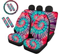 Jeiento Colorful Tie Dye Car Seat Cover Set Rear Bench Cover Backrest Cover with Steering Wheel Cover Seat Belt Pad Custom Protector Travel for Women Girl Universal Fit 9 in1