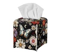 Jeiento Cottagecore Daisy Flower Butterfly Tissue Box Holder Cover Leather Tissue Holder Waterproof PU Leather Square Tissue Box Cover with Bottom Belt Napkin Holder for Home Office Car