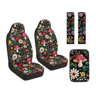Jeiento Cottagecore Daisy Flower Mushroom Car Seat Covers 5 Pieces,Universal Fit Leather Front Seat Covers for Car,Msurhoom Seat Belt Covers Soft Armrest Cushion Mushroom Car Accessory