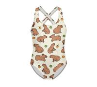 Jeiento Cute Capybara Girls One Piece Swimsuit Cartoon Bathing Suit for Beach Sport Comfort Children Sleeveless Swimming Wear Elastic Gymnastic Leotards Years7-8
