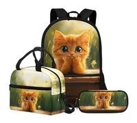 Jeiento Cute Cat Backpack Set 3 Piece Set Cute Kitten School Bag with Insulated Lunch Bag Pen Pouch Back to School Supplies Personalized School Bag Age6-12 Primary Bookbags