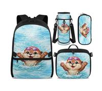 Jeiento Cute Otter Backpack for Boys 4 Pieces Set Blue School Bag Set with Lunchbox Pencil Pouch Water Bottle Holder Bag Set Elementary School Bookbag Sets Gym Sport Ruckpack for Teen