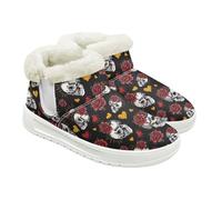 Jeiento Cute Rose Flower Skeleton Print Womens Fuzzy Winter Bootie HomeShoes Teenager Girl Casual Walking Shoes for Shopping