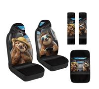 Jeiento Cute Sloth Print Car Seat Covers Set 5Pieces,Leather Auto Front Seat Covers,Auto Seatbelt Cover,Auto Center Console Armrest Pads Universal Fit Most Vehicle Leather Interior Sets