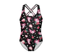 Jeiento Cute Strawberry and Axolotls Swimwear for Kids Quick Dry Sleeveless Tank Bodysuit Swimsuit,Girl Sun Protection Bathing Suit Cartoon Axolotl Leotard Gymnastics Danc Practice Outfit Years5-6