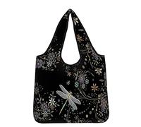 Jeiento Dragonfly Reusable Grocery Bag Totes Linen Tote Bag Big Capacity Shopping Bags for Women Girl,Black