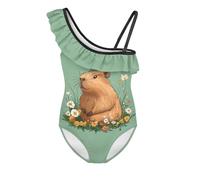 Jeiento Girls Lovely Capybara Flowers Swimwear Beach Sport One Piece Swimsuit One Shoulder Ruffle Swimwear Children Bathing Suit Elastic and Comfort Swimming Clothes 9-10 Years