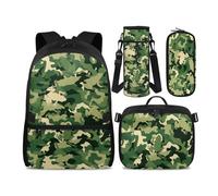 Jeiento Green Camouflage Cute Frog Backpack for School 4Pack Green Frog Print School Bag Set with Lunch Bag,Pen Bag,Water Bottle Holder Sleeve Camouflage School Backpack for Teen 3-16