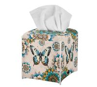 Jeiento Green Flower Butterfly Tissue Box Holder Cover Bohemian Home Desk Decor PU Leather Tissue Facial Paper Storage Case for Bathroom Vanity Countertop,Night Stand