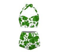 Jeiento Green Leaves Womens Padded Halter Bikini Top with High Waisted Bottom St. Patrick's Day Bikini Set for Women for St. Patrick's Day Beach/Pool Party-L