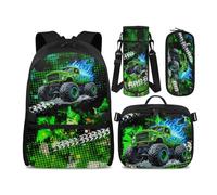 Jeiento Green Truck Backpack for Kids,4 Pieces Set Vehicles Pattern School Backpack with Lunch Box,Water Bottle Holder,Pen Bag Toddler Personalized Backpack 17" Bookbag for Preschool,Secondary School