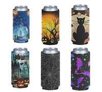 Jeiento Halloween Decoration Can Coolers Sleeves, Soft Insulated Reusable Drink Caddies for Water Bottles or Soda, Collapsible Blank DIY Customizable Pumpkin/Black Cat/Spider Web/Pack of 6 PCS