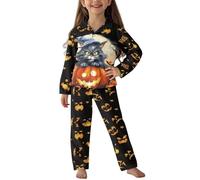 Jeiento Halloween Pumpkin Black Cat Sleepwear Set for Girl Boy 2 Piece Children Loungewear Halloween Party Cosplay Costume Button Down Shirt and Long Pants,S