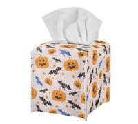 Jeiento Halloween Tissue Holder Box Pumpkin and Bat Square Tissue Box Facial Paper Case for Bathroom Square PU Leather Napkin Storage for Kitchen Tabletop Decorative
