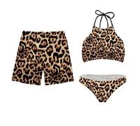 Jeiento His and Hers Swimsuits Matching Set Couples Brown Leopard Print Womens Padded Bathing Suits Sexy Halter Top with Bottom Bathing Suit for Cruise Ship,Honeymoon,Vacation-L