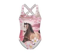 Jeiento Horse Swimsuit for Kids Quick Drying Beach Bathing Suits Cherry Blossom Girls One Piece Swimsuit 13-14 Years
