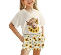 Jeiento Kids Short Sleeve Pyjamas Set 2 Piece Yellow Sunflower Highland Cow Sleepwear Girl Summer Pjs Toddler Summer Clothing Home Wear,Age 3-4