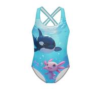 Jeiento Lovely Whale and Axolotl Kids Swimwear for Girls Beach Wear Sleeveless Quick Drying Bathing Suit Axolotl Gymnastics Leotards Performance Clothes Years9-10