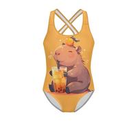 Jeiento Orange and Cartoon Capybara Kids Swimwear for Girl Cartoon Capybara One-Piece Swimsuit Beach Sport Bathing Suit Dancing Leotards for Toddler Girls Kids Quick Dry Swimming Clothing Years7-8