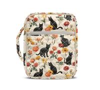 Jeiento Orange Floral Black Cats Quilted Bible Cover Case Scripture Protective Church Bag Bible Book Protective Case for Women Men Christian Gifts