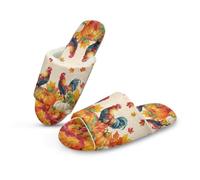 Jeiento Orange Pumpkin and Rooster Pattern House Slipper for Men Women Lightweight Soft Spa Slippers Chicken Animal Flannel Slipeprs for Hotel,Guest,Travel,Bride,US 10.5-11.5
