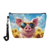 Jeiento Pu Leather Makeup Bag Soft Pig Cosmetic Bag Travel Toiletry Pouch Zip Waterproof Makeup Pouch Cartoon Sunflower Pig Purse
