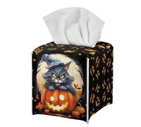 Jeiento Pu Leather Tissue Box Holder Halloween Pumpkin Black Cat Tissue Cover Happy Halloween Decoration for Holiday Party Lightweight Hanging Car Tissues Holders