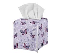 Jeiento Purple Butterflies Tissue Box Cover with Bottom Belt,Easy to Clean Table Decor PU Leather Organizer for Toilet Paper for Bathroom
