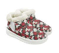 Jeiento Red Poinsettia Flower Winter Boots for Women Lady Christmas Shoes Fuzzy Fluffy Thickening Ankle Booties for Indoor Outdoor,UK 4