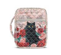 Jeiento Red Rose Flower Black Cat Bible Protective Bag with Handle Floral Quilted Bible Cover Case Soft Lightweight Bible Carrying Case Religious Church Handbag for Women Men