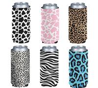 Jeiento Set of 2 Can Sleeve for Soda Drink Beer Soft Foldable Slim Beer Can Sleeve Insulated Can Cooler Animal Cow/Leopard/Zebra Print for School Office Beach Travel