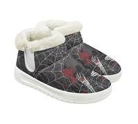 Jeiento Slip-on Booties for Women Spider Web Skull Ankle Boots Comfortable House Shoes Lady Warm Winter Shoes with Fur Lined,Halloween Footwear