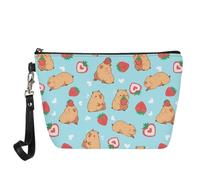 Jeiento Strawberry and Capybara Makeup Bags Travel Toiletries Bag Portable Toilet Bags for Women Men PU Leather Wallets