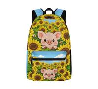 Jeiento Sunflower and Pig Backpack for School,17Inch School Bag Large Capacity Cute Pig Pattern Bookbag for Preschool,Elementary School,Lightweight Adjustable Strap Sport Daypack