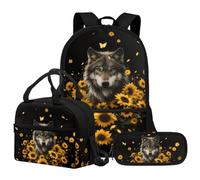 Jeiento Sunflower and Wolf School Bag for Boy Girl,3Piece Cartoon Owl Backpack Lightweight Preschool Bookbag with Lunch Bag Pencil Case Back to School Supplies for Kids Age 6-12