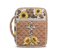 Jeiento Sunflower Brown Cowhide and Cross Bible Cover Book Protective Storage Bag with Handle,for Women Lady,Church Book Holder Organizer Christmas Gift