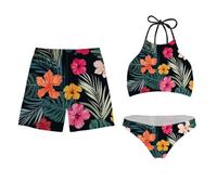 Jeiento Tropical Hibiscus Couples Matching Swimsuit Floral Mens Quick Dry Swim Shorts Swimwear Palm Leaf Summer Beach Trunks with Elastic Waistband-L