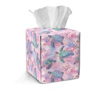 Jeiento Turtle Tissue Box Holder Pink Cherry Blossom PU Leather Tissue Box Square Waterproof Tissue Facial Holders for Bathroom,Living Room,Desk Decorative