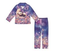 Jeiento Two Piece Kids Long Sleeve Sleepwear Starry Sky Cartoon Panda Pyjamas Set for Boys Girls,Child Button Down Pjs Tops and Pants Warm Lounge Set Home Clothes for Teens,M