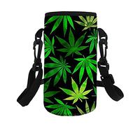 Jeiento Water Bottle Sleeve Carrier Bag with Green Leaves Pattern with Adjustable Suspender with Shoulder Strap Suitable for Children and Adults(500-750ML)