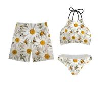 Jeiento White Daisy Matching Couples Swimsuits Womens Two Pieces Bikini Set Halter Push up Wrap Top Bikini with Sexy Triangle Bottom for Ladies Honeymoon-XL