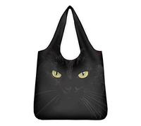 Jeiento Women Linen Tote Bag Handbag Reusable Grocery Bag Foldable Girls Teacher Bookbag Shoulder Bag Big Capacity Black Cat Print