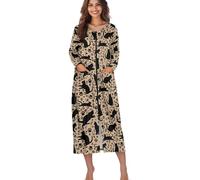 Jeiento Womens Brown Leopard Nightgown Zip Front Robes Housecoat Cute Cat Nightwear for Lady Teens Girl Full Length Zipper Bathrobe Soft Loungewear,2XL