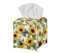 Jeiento Yellow Sunflower Blue Butterfly Tissue Box Cover with Bottom Belt,Easy to Clean Table Decor PU Leather Waterproof Facial Paper Dispenser Organizer for Bathroom,Bedroom