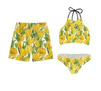 Jeiento Yellow Tulips Couples Matching Swimwear Mens Beach Trunks Breathable Swimwear Bathing Suits for Family Photo Water Activities-S