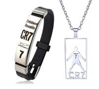 JeiibrZui CR7 Football Star Bracelet & Necklace Set - Adjustable Stainless Steel Jewelry, Champions League Gift for Men, Silver