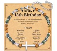 JEIKTO 13 Year Old Girl Gifts, Happy 13th Birthday Decorations Beaded Cross Bracelet, Gifts for 13 Year Old Teen Girls Niece Daughter Granddaughter Trendy Stuff with Cards